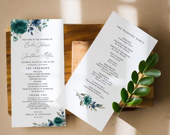 Teal Marine bruiloft programma sjabloon, blauwe Teal bruiloft programma, bloemen bruiloft programma afdrukbaar, Boho bruiloft programma, Templett, #B155