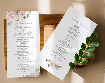 Blush Wedding Program Template, Elegant Wedding Program, Floral Program Printable, Boho Wedding Program, Blush Flowers, Templett, #B33