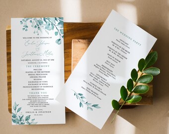 Turquoise Wedding Program, Teal Wedding Program Printable, Greenery Program, Templett, #B65
