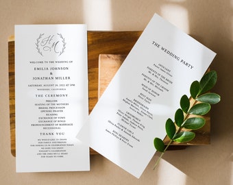 Modèle de programme de mariage monogramme, programme de mariage élégant, programme moderne imprimable, Templett, # B57