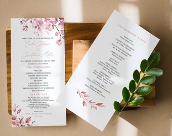 Dusty Pink Wedding Program Template, Floral Wedding Program Printable, Templett, #B90