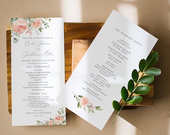 Peach Wedding Program Template, Floral Wedding Program, Floral Program Printable, Boho Wedding Program, Peach Flowers, Templett, #B39