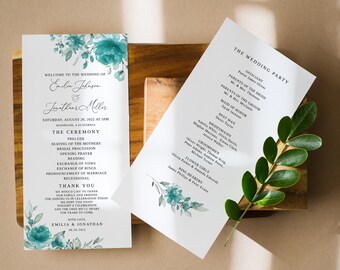 Teal Wedding Program Template, Turquoise Wedding Program, Floral Wedding Program Printable, Boho Wedding Program, Templett, #B143