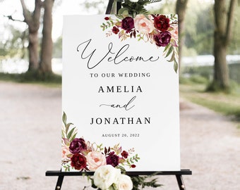 Burgundy Wedding Welcome Sign Template, Pink Marsala Wedding Welcome Sign, Printable Wedding Sign, Templett, #B82