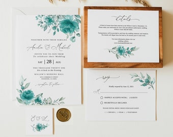 Teal Wedding Invitation Template, Turquoise Wedding Invitation, Editable Template, Floral Wedding Invitation, Templett, #B143