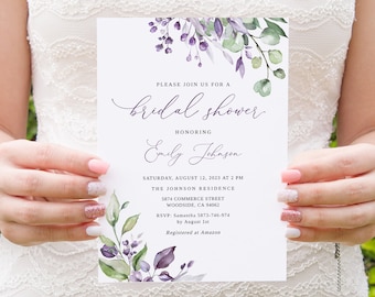 Purple and Green Bridal Shower Invitation, Floral Bridal Shower Invitation, Green Purple Invitation, Templett, #B125