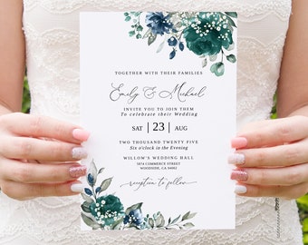 Navy Teal Wedding Invitation Template, Teal Baby's Breath Wedding Invitation, Floral Wedding Invitation, Templett, #B167