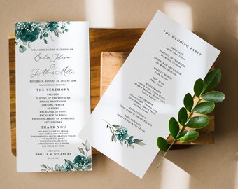 Baby's Breath Teal Wedding Program Template, Teal Wedding Program, Floral Wedding Program Printable, Boho Wedding Program, Templett, #B164