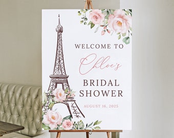 Paris Bridal Shower Welcome Sign Template, Eiffel Tower Floral Bridal Shower Welcome Sign, Bridal Brunch, Bachelorette Party, Templett, B235
