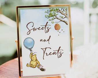 Winnie The Pooh Sweets and Treats Baby Shower Sign, Editable Baby Shower Sweets Station Sign, Winnie-The-Pooh Dessert Table Sign B188