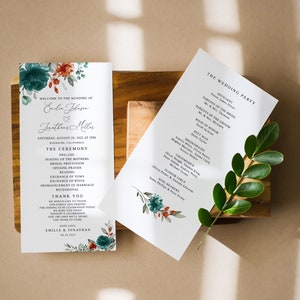 May include: Wedding ceremony programme with teal and orange floral designs. The programme lists the order of events for the wedding ceremony, including the seating of the mothers, the bridal procession, and the exchange of vows. It also includes a thank you message to guests.
