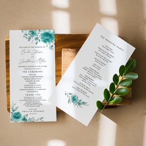 Teal Wedding Program Template, Turquoise Wedding Program, Floral Wedding Program Printable, Boho Wedding Program, Templett, #B143