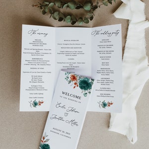 May include: Wedding program with a floral design in shades of teal, green, and orange. The program includes the ceremony order, musical interlude, reflection and gratitude, closing, and the wedding party. The program is titled "The Ceremony" and "The Wedding Party". The wedding date is August 20, 2025, and the location is Woodside, California.