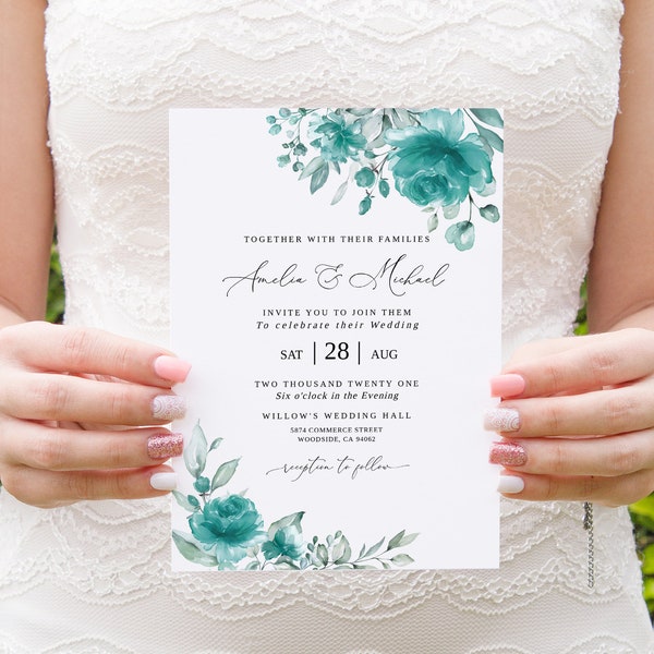 Teal Wedding Invitation, Turquoise Invitation, Editable Template, Floral Wedding Invitation, Teal Invitation, Templett, #B143