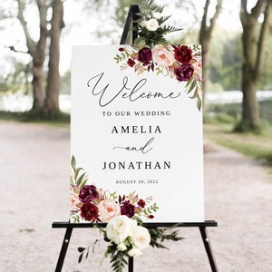 Burgundy Wedding Welcome Sign Template, Pink Marsala Wedding Welcome Sign, Printable Wedding Sign, Templett, #B82