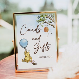 Winnie de Poeh baby shower kaarten en geschenken teken sjabloon, Winnie de Poeh cadeau tafel teken, aangepaste baby douche teken bewerkbare B188