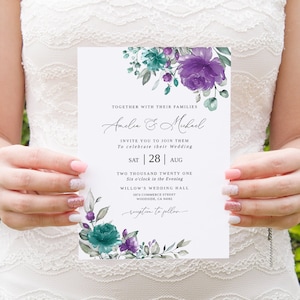 Lila und Lavendel Hochzeitseinladung, Türkis und Lavendel Hochzeitseinladung, Blumenhochzeitseinladung, Templett, #B16