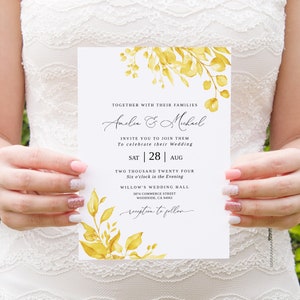 Plantilla de invitación de boda amarilla acuarela, invitación amarilla, Templett, #B154