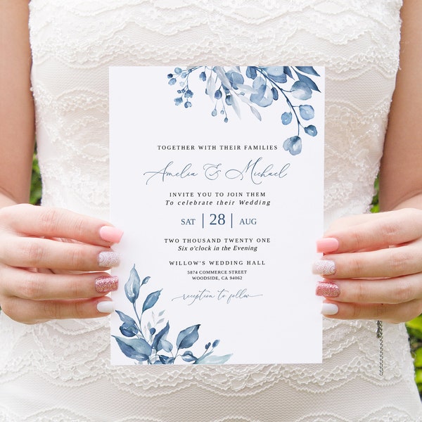 Dusty Blue Wedding Invitation Template, Blue Wedding Invitation, Editable Template,Blue Floral Wedding Invitation, Templett, #B63