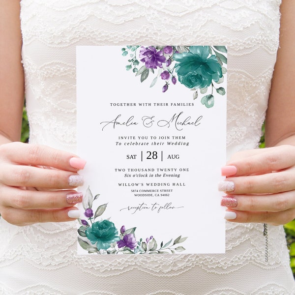Teal and Purple Wedding Invitation Template, Teal Lavender Wedding Invitation, Floral Wedding Invitation, Templett, #B16