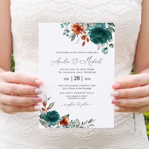 Orange Teal Wedding Invitation Template, Teal Orange Wedding Invitation, Editable Template, Floral Wedding Invitation, Templett, #B141