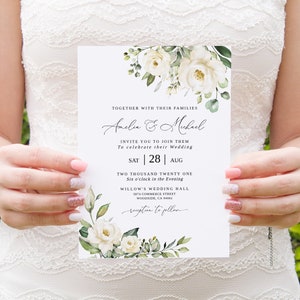 Modello di invito a nozze floreale bianco, invito a nozze romantico, modello modificabile, rose bianche, Templett, #B36