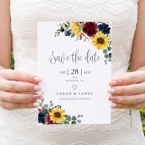 Burgunder und Marine Sonnenblume Hochzeit Save the Date Vorlage, Hochzeit im Herbst, Burgunder Hochzeit, Save the Date, Templett, #B14