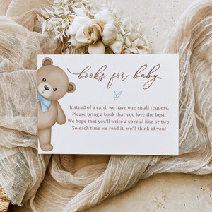 Teddybeer baby shower boeken voor babykaart, bewerkbare boekaanvraagkaart, babyjongen douche invoegen, breng een boek babybibliotheek Bear thema B215