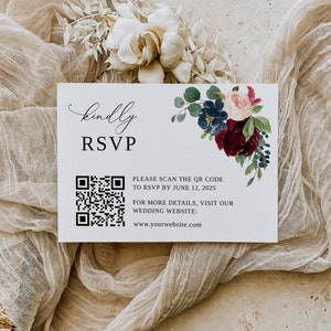 Codice QR RSVP, Modello di matrimonio con codice QR, RSVP con codice QR, Biglietto di risposta per matrimonio floreale bordeaux, biglietto di risposta con codice QR, Biglietto RSVP online, B80