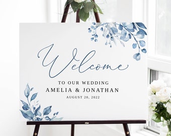 Dusty Blue Wedding Welcome Sign, Floral Welcome Sign, Landscape Wedding Sign, Templett, #B63