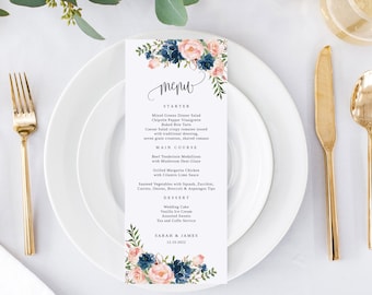 Navy Blush Wedding Menu Template, Blue and Pink Wedding Menu, Floral Wedding Menu Printable, Boho Wedding Menu, Templett, #B30