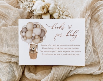 Hot Air Balloon Baby Shower Books for Baby Card, Book Request Card Bear Baby Shower Insert Bring a Book Card, Baby's Library Bear Theme B212