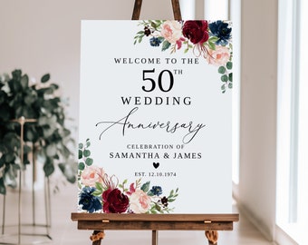 Burgundy Navy Blush Wedding Anniversary Welcome Sign, Burgundy Blush Anniversary Sign, Happy Anniversary, Templett, #B80