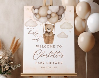 Editable Teddy Bear Hot Air Balloon Baby Shower Welcome Sign We Can Bearly Wait Bear Theme Baby Shower Gender Neutral Baby Shower Sign, B203