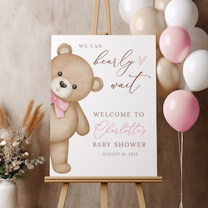 Oso de peluche bebé niña ducha signo de bienvenida, podemos esperar oso tema baby shower, niñas bebé ducha signo de bienvenida, B216