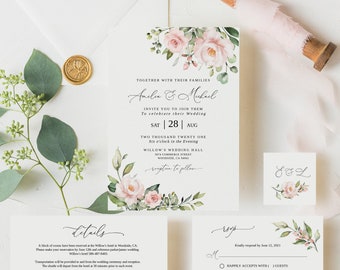 Suite de faire-part de mariage rose poudré, modèle de faire-part de mariage floral rose poudré, faire-part de mariage rose poudré, Templett, #B33