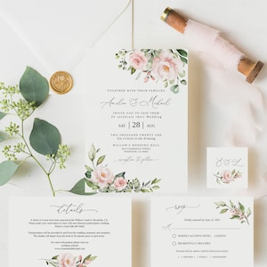 Blush Wedding Invitation Suite, Blush Floral Wedding Invitation Template, Blush Pink Wedding Invitation Set, Templett, #B33
