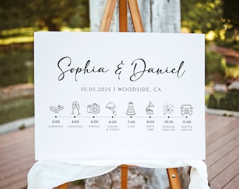 Signo de orden de eventos de boda, signo de línea de tiempo de boda moderna, orden de boda minimalista del día signo infográfico calendario de bodas, B221