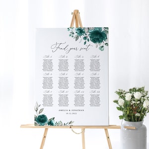 Plantilla de tabla de asientos de boda verde azulado, tabla de asientos de boda turquesa, tabla de asientos de boda, plano de asientos, Templett, #B38