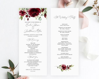 Burgundy Wedding Program Template, Dark Red Wedding Program, Floral Wedding Program Printable, Boho Wedding Program, Templett, #B35