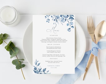 Dusty Blue Wedding Menu Template, Blue Wedding Menu, Floral Wedding Menu Printable, Templett, #B63