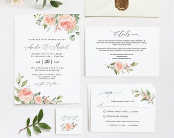 Peach Wedding Invitation Suite, Floral Wedding Invitation Template, Coral Wedding Invitation Set, Templett, #B39