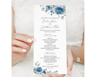 Dusty Blue Wedding Program Template, Dusty Blue Program, Floral Wedding Program Printable, Boho Wedding Program, Templett, #B97