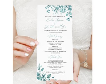 Teal Wedding Program Template, Turquoise Wedding Program, Greenery Wedding Program Printable, Templett, #B65