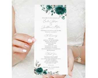 Teal Floral Wedding Program Template, Boho Printable (Templett)