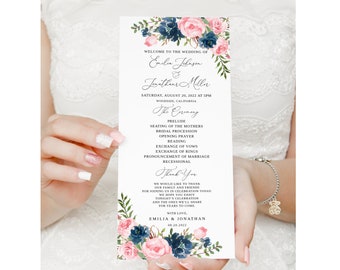 Navy Pink Wedding Program Template, Floral Wedding Program, Printable Program, Blue Pink Wedding Program, Templett, #B123