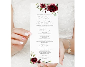 Burgundy Wedding Program Template, Dark Red Wedding Program, Floral Wedding Program Printable, Boho Wedding Program, Templett, #B35