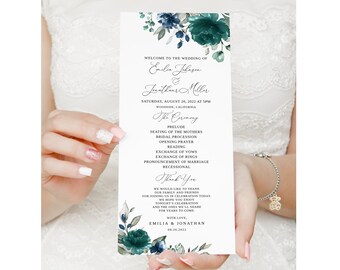 Teal Marine bruiloft programma sjabloon, blauwe Teal bruiloft programma, bloemen bruiloft programma afdrukbaar, Boho bruiloft programma, Templett, #B155