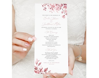 Dusty Pink Wedding Program Template, Floral Wedding Program Printable, Templett, #B90