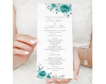 Turquoise Wedding Program, Teal Wedding Program Template, Floral Wedding Program Printable, Boho Wedding Program, Templett, #B143
